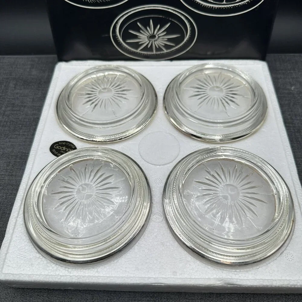 Vtg Godinger Silver Plated Crystal Coasters Starburst Pattern Italy NOS Boxed